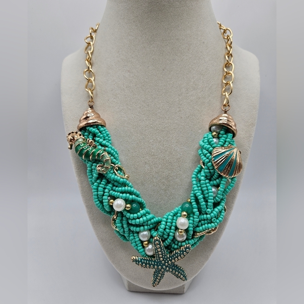 Ocean Nautical Starfish Turquoise Braided Beaded Gold Tone Statement Necklace